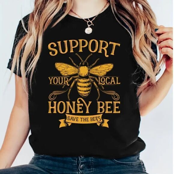 Honey Bee Black Gold T Shirt Bumble Buzz Trendy Summer Casual - Picture 1 of 3